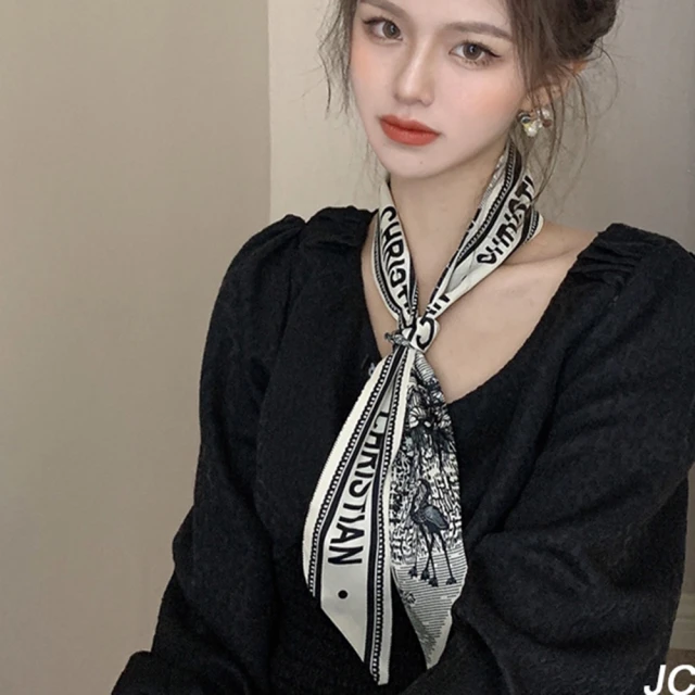 【JC Collection】韓國甜美緞面字母印刷領巾髮帶(白色、米色、雙鶴)