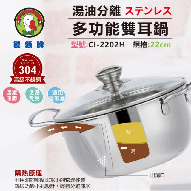 【鵝頭牌】304油湯分離多功能過濾雙耳鍋2.7L(CI-2202H)