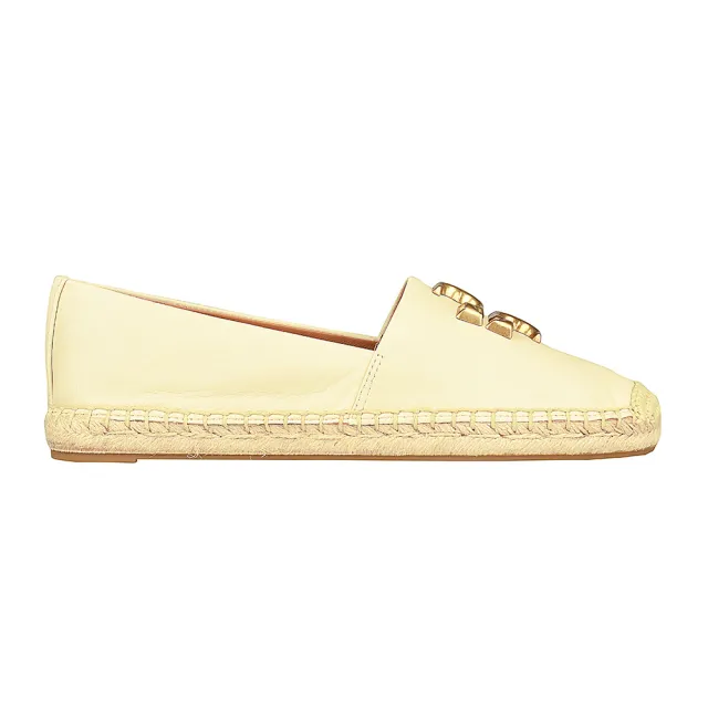 【TORY BURCH】Tory Burch ELEANOR ESPADRILLE 金色LOGO 山羊皮拼接草編鞋(女款/米)