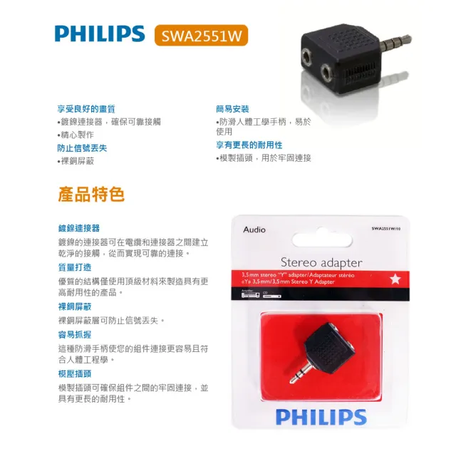 【Philips 飛利浦】2入組!!一分二 3.5mm 立體耳機分接頭(SWA2551W)