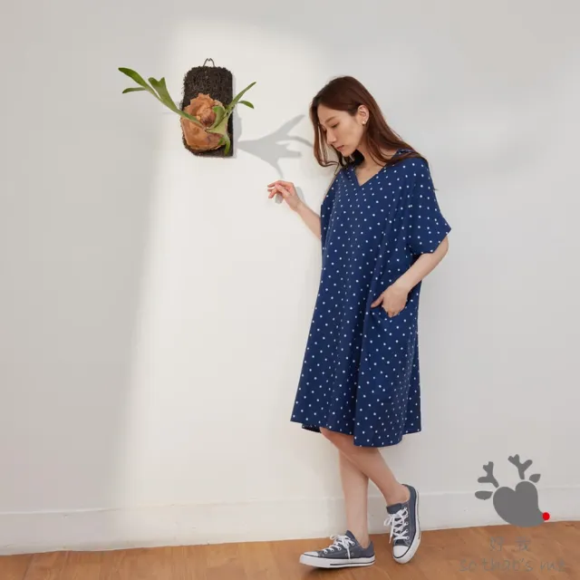 【so that’s me 好我】Mindy印花V小領寬口袋洋裝(靛藍水玉)