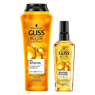 【施華蔻】GLISS KUR沙龍級堅果洗髮護髮組(德國版沙龍級 修護洗髮乳 滋潤修護髮油 平輸商品)