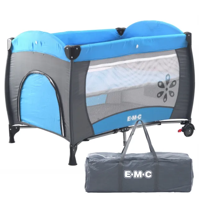 【EMC】雙層安全嬰兒床平安藍-具遊戲功能(附贈尿布台、遮光罩與蚊帳)