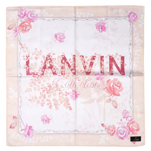 【LANVIN 浪凡】高雅燙銀玫瑰浪漫花草剪影LOGO純綿帕巾(粉杏色)