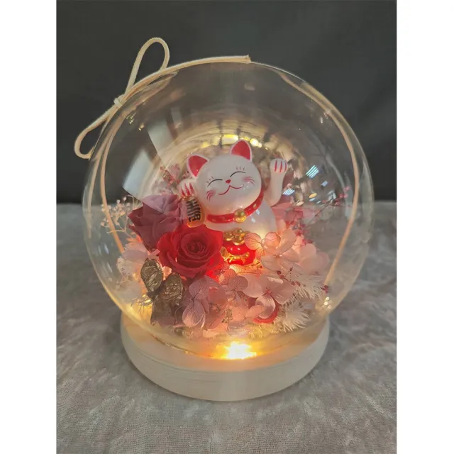 【OSTARA FLORIST 奧斯塔拉花藝】太陽能招財貓玻璃球永生花(永生花材、不凋玫瑰、永生配材)