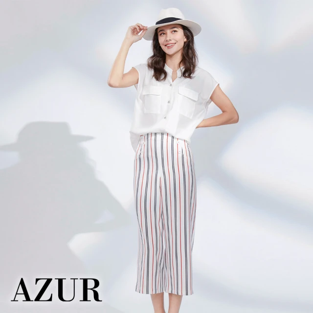 【AZUR】雙排釦直紋摩登七分寬褲