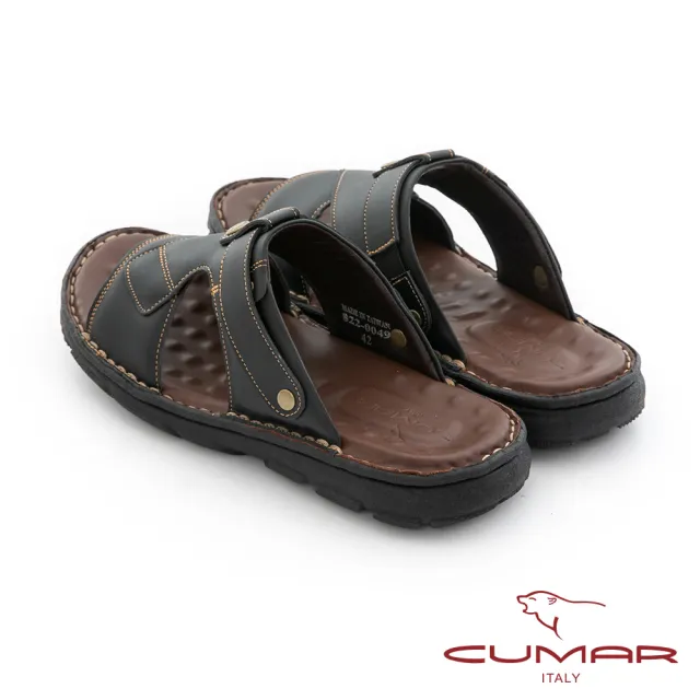 【CUMAR】舒適真皮 彈性大底兩用涼拖鞋(黑色)