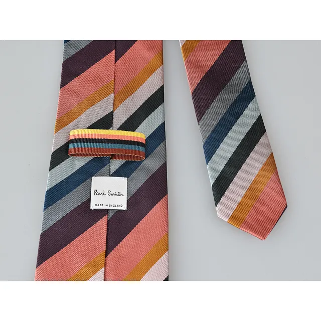 【Paul Smith】PAUL SMITH 經典Artist Stripe藝術家款 標籤LOGO寬版條紋真絲領帶(寬版/橘粉x多色)