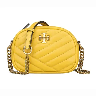 【TORY BURCH】TORY BURCH KIRA CHEVRON 金色十字LOGO絎縫造型羊皮拉鍊斜背相機包(金黃)