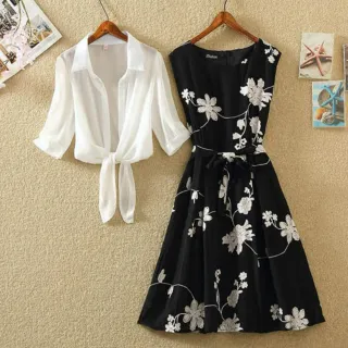 【Amay Style 艾美時尚】中大尺碼女裝 兩件式 罩衫連身裙 復古印花顯瘦洋裝套裝。S-3XL(2色.現貨+預購)