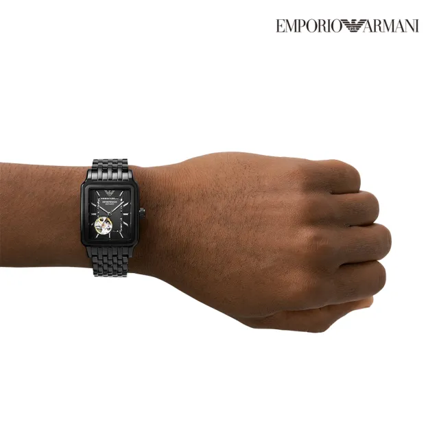 【EMPORIO ARMANI 官方直營】Diego 復古都會簍空機械手錶 黑色不鏽鋼鍊帶 36MM AR60058