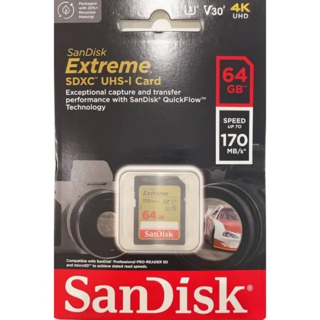 【SanDisk 晟碟】全新版 再升級 64GB Extreme SDXC V30  記憶卡170MB/s(原廠有限 永久保固)