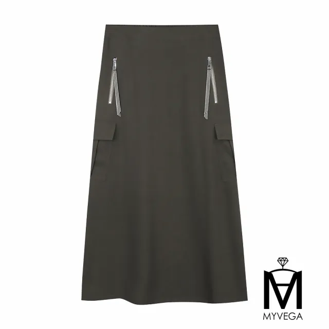 【MYVEGA 麥雪爾】MA側口袋造型A字八分裙-橄欖綠