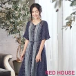 【RED HOUSE 蕾赫斯】波西米亞風印花綁帶洋裝(深藍色)