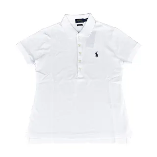 【RALPH LAUREN】RALPH LAUREN  Julie刺繡字小戰馬LOGO 5鈕釦領口短袖POLO衫(女款/白底小藍馬)
