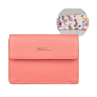 【FURLA 芙拉】FURLA BABYLON經典金字LOGO牛皮搭花卉內裡3卡扣式短夾(小/粉x多色)