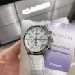 【CASIO 卡西歐】CASIO卡西歐女錶型號CA00002(白色錶面銀錶殼白真皮皮革錶帶款)