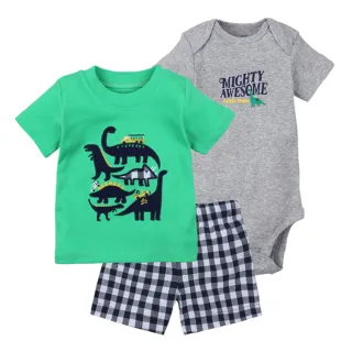 【時尚Baby】男寶寶 男童套裝三件式綠色恐龍T恤和包屁衣及短褲(男嬰短袖套裝純棉三件式春夏套裝)