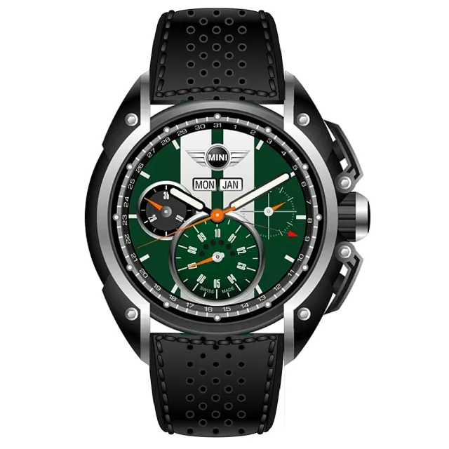 【MINI SWISS WATCHES】石英錶 45mm 綠底白條三眼計時 黑色真皮錶帶(黑色)