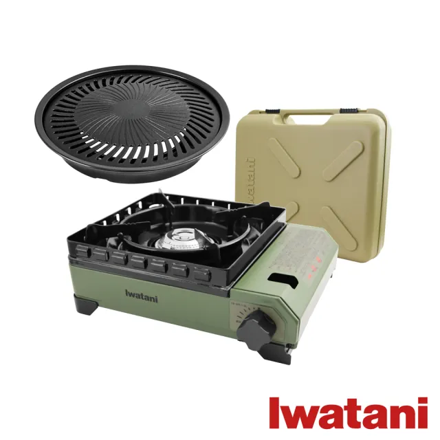 【Iwatani 岩谷】戶外防風新綠武士磁式瓦斯爐3.3kW附外盒-日本製搭岩谷圓烤盤(CB-ODX-1-OL+CB-A-YPS)