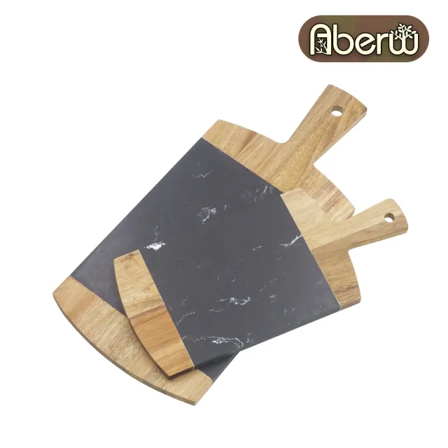 【AberW】相思木PIZZA板-黑大理石-34cm(把手石板 大理石板 把手木盤 木質石板 大理石披薩板)