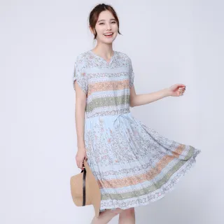 【PINK NEW GIRL】優雅圖騰花卉短袖抽繩洋裝 I5102ED(2色)
