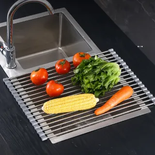 【OMG】廚房水槽可折疊瀝水架 洗碗槽捲簾式不鏽鋼碗盤架(置物架/收納架/隔熱墊) 