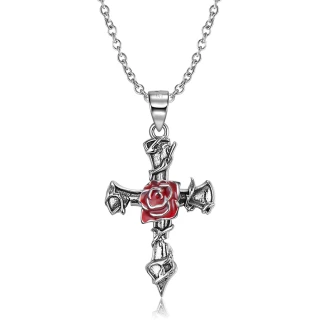 【RJ New York】自信薔薇十字架龐克設計中性時尚項鍊(紅色)