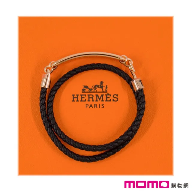 【Hermes 愛馬仕】Roulis 豬鼻 皮革雙圈手環(黑色 Noir x 玫瑰金)