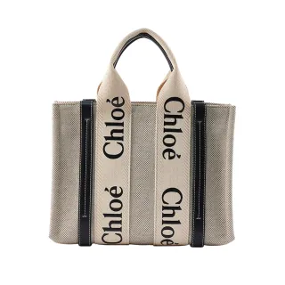 【Chloe’ 蔻依】Woody 經典品牌LOGO織帶個性帆布手提兩用包(藍邊/小號)