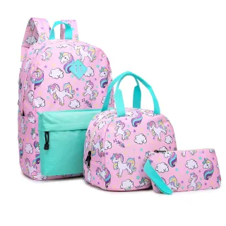 【Sp house】可愛彩虹天馬童趣學生後背包保溫手提包收納包套組(粉綠色)