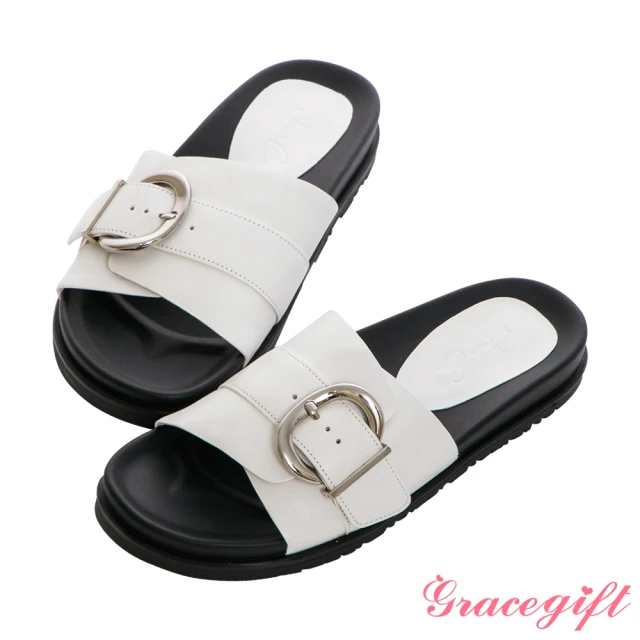 【Grace Gift】Annie聯名-金屬釦環真皮微厚底拖鞋(白)