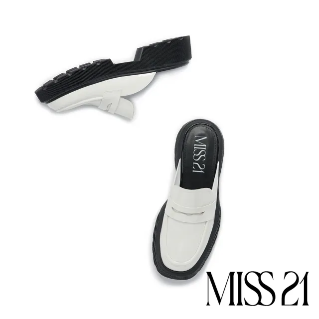 【MISS 21】極簡個性牛漆皮鋸齒大頭厚底穆勒拖鞋(白)