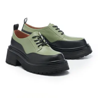 【MISS 21】荒野小叛逆撞色拼接綁帶大頭厚底鞋(綠)