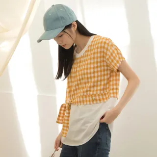【betty’s 貝蒂思】假兩件格子綁帶上衣(深黃)