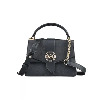 【Michael Kors】GREENWICH STUDDED金屬LOGO轉釦防刮皮手提斜背兩用包(黑)