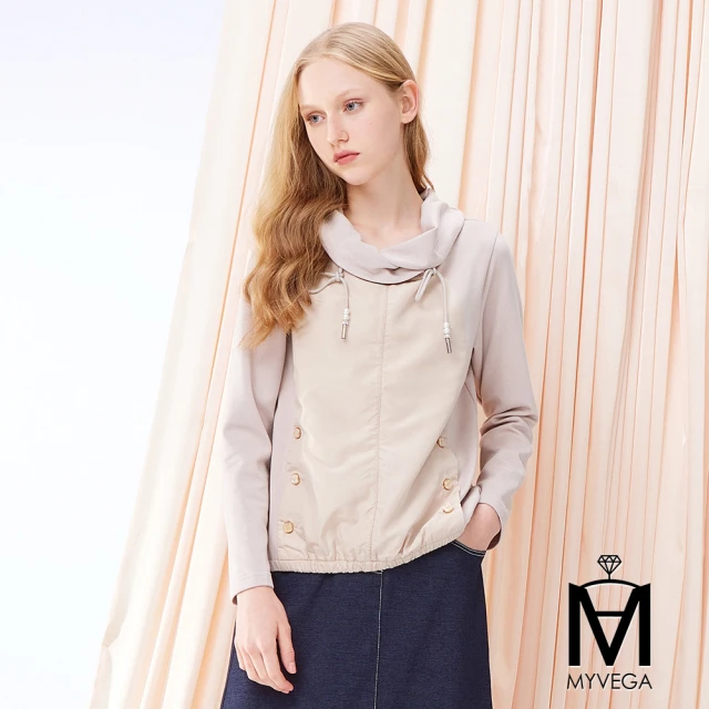 MYVEGA 麥雪爾MYVEGA 麥雪爾 MA異材質拼接太空棉抽繩上衣-卡其