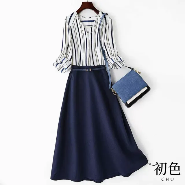 【初色】條紋拼接假兩件V領七分袖折袖A字收腰中長裙連身裙洋裝-藍色-30086(M-2XL可選)