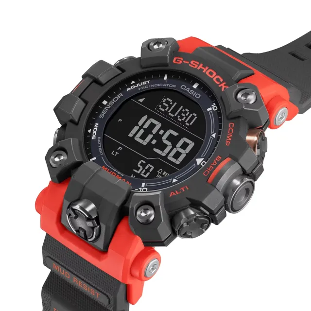 【CASIO 卡西歐】G-SHOCK 電波 太陽能 防塵泥 雙層LCD顯示 三重感應器 酷黑紅 GW-9500-1A4_52.7mm