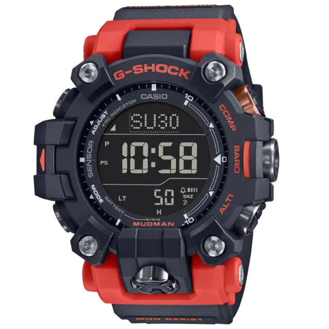 【CASIO 卡西歐】G-SHOCK 電波 太陽能 防塵泥 雙層LCD顯示 三重感應器 酷黑紅 GW-9500-1A4_52.7mm