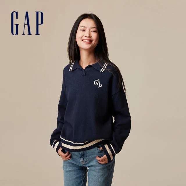 GAP 女裝 Logo翻領長袖毛衣-海軍藍(721610)