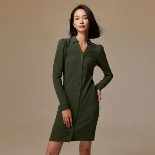 【GAP】女裝 修身翻領長袖洋裝-軍綠色(792858)