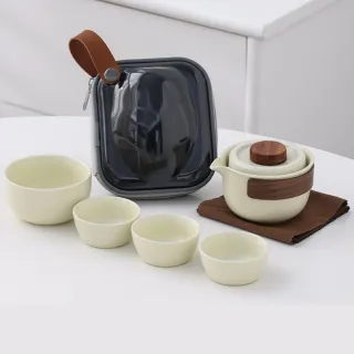 【言歡】汝窯陶瓷一壺4杯組-附收納包(泡茶組 隨身 旅行茶具 簡易泡茶 茶器套組  露營 方便 收納茶器)