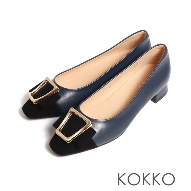 【KOKKO 集團】金屬飾扣氣質拼接方頭低跟包鞋(深藍色)