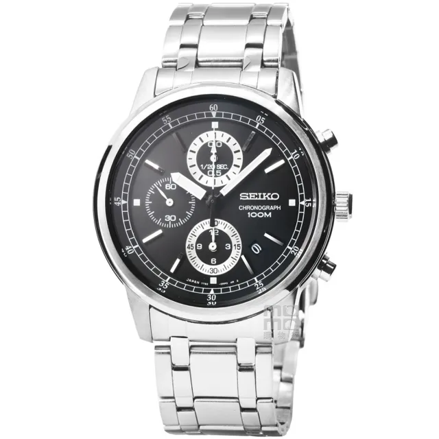 【SEIKO 精工】精工三眼計時賽車鋼帶錶 -黑(SNDC27J1 日本版) 雙11