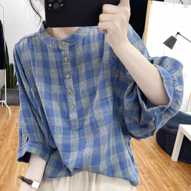 【設計所在】棉麻隨性風 蝠袖藍白小格子襯衫寬鬆純棉上衣(4色可選)