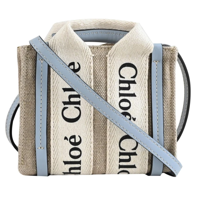 【Chloe’ 蔻依】Woody Nano 經典品牌LOGO織帶個性帆布迷你手提兩用包(米/藍)