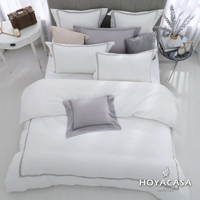 【HOYACASA】300織長絨棉刺繡被套床包組-純淨白(雙人-城市旅者)