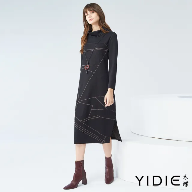 【YIDIE 衣蝶】金蔥線條彈性高領長洋裝-黑