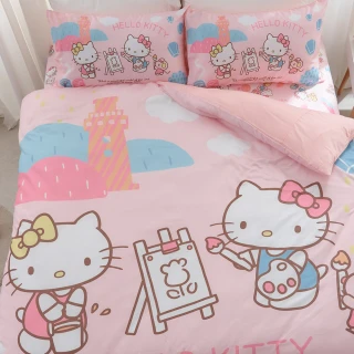 【戀家小舖】50%天絲枕套床包兩件組/正版卡通授權-單人(Hello Kitty 風景繪)